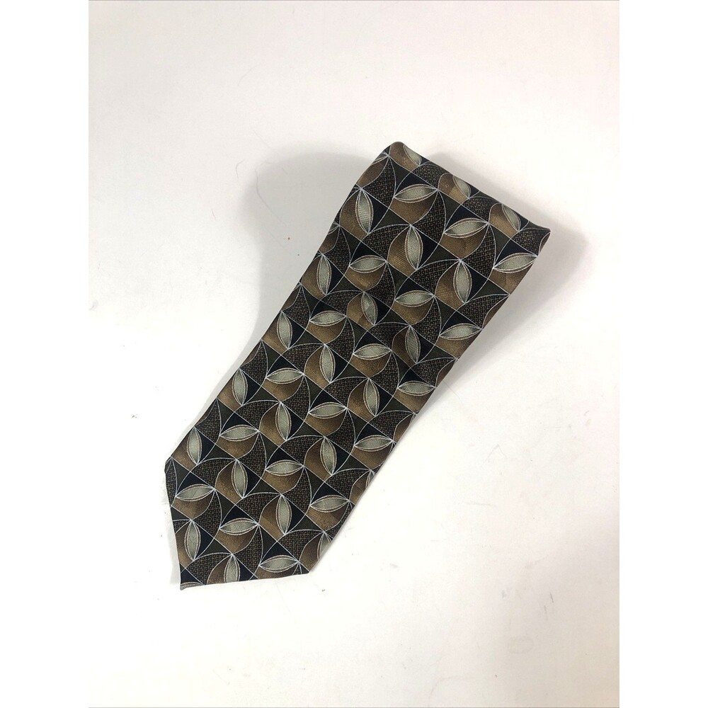 Vintage Zanzara Necktie Mens Black Brown Gold Geometric Pattern Silk NWT Long